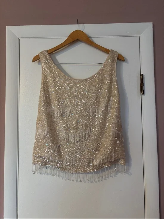 Vintage 60’s Beaded Sequins Cream Pastel Large Wool Embellished Bridal 50’ Large - Picture 4 of 17